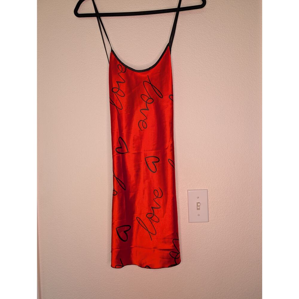 No Brand Red Satin Slip Dress M Love Heart Print Strappy Y2K Valentines Date